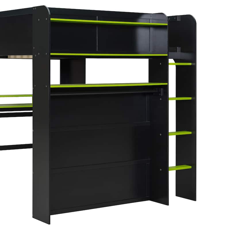 Next-Gen Gamer's Full Size Loft Bed with Adjustable Desk, RGB Lighting, Charging Ports and Storage Space