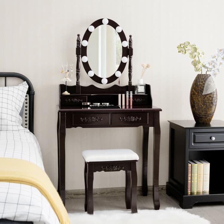 Makeup Dressing Table with Touch Switch Lighted Mirror and Cushioned Stool - 29.5"(L) x 16"(W) x 57"(H)