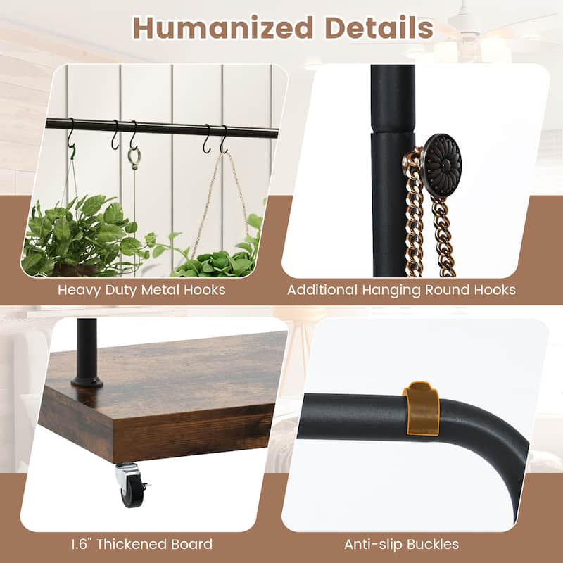 Industrial Pipe Rolling Garment Rack Clothing Rack with Hooks & Shelf