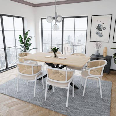 Ervilla Modern Stylish Side Chair with Rattan Back and White Steel Legs for Dining Room & Kitchen, Set of 4