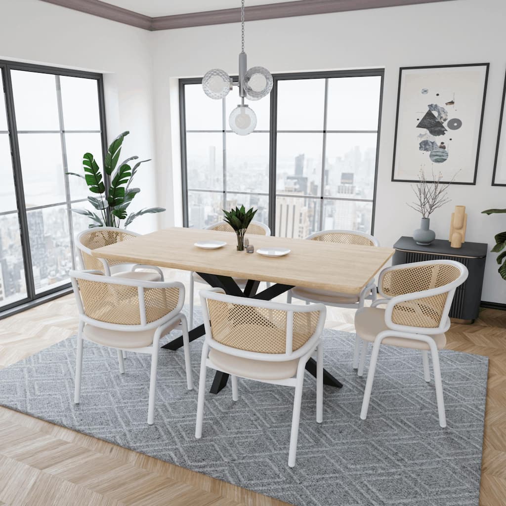 Ervilla Modern Stylish Side Chair with Rattan Back and White Steel Legs for Dining Room & Kitchen, Set of 4