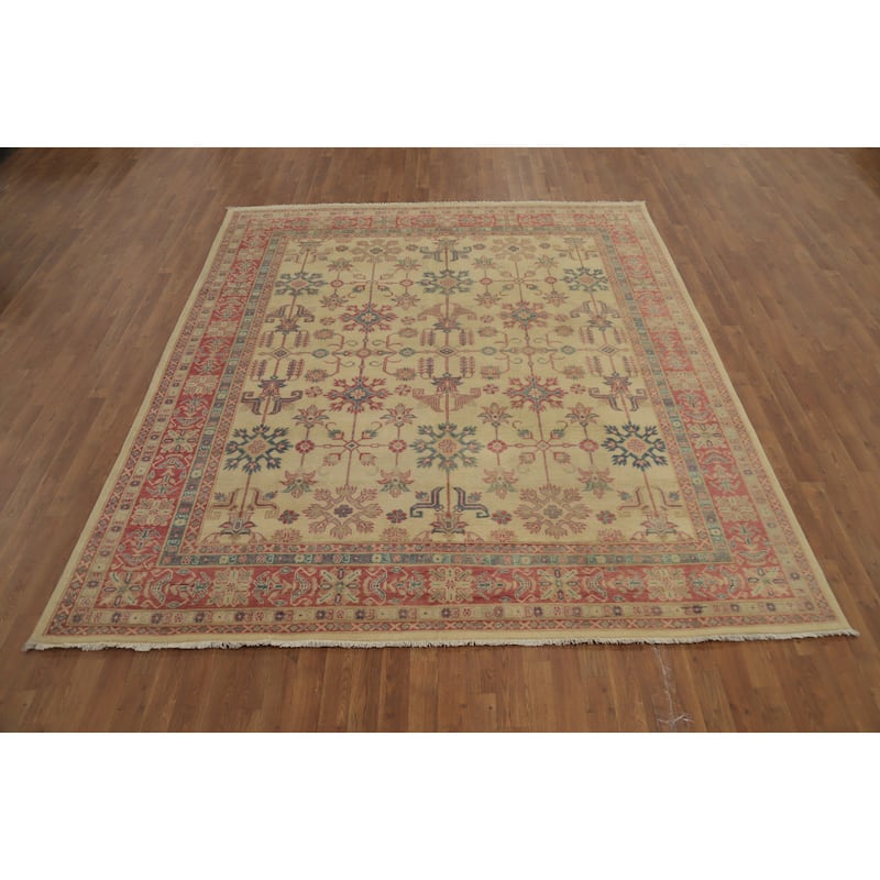 Hand Knotted Oriental 100% Wool Carpet Traditional Geometric Beige & Ivories Kazak Area Rug - 9' 6'' X 8' 3''