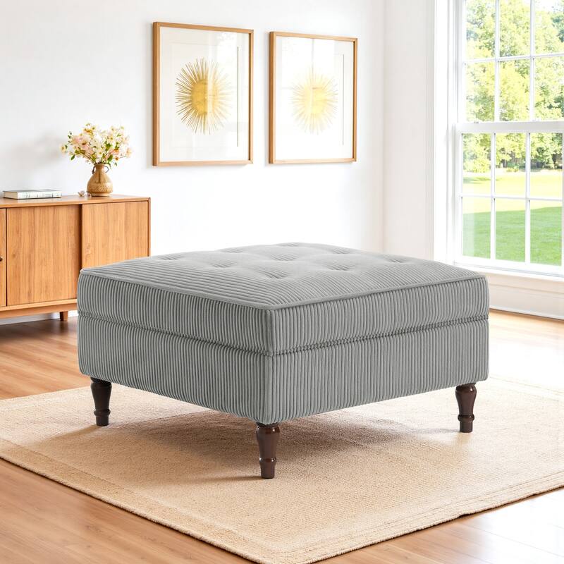 31.78" W Oversized Square Upholstered Storage Ottoman with Wooden Tray - Light Grey
