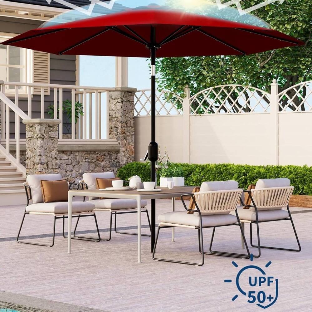 9 Ft Patio Umbrella with Solar Lights for Pool, Deck, Backyard