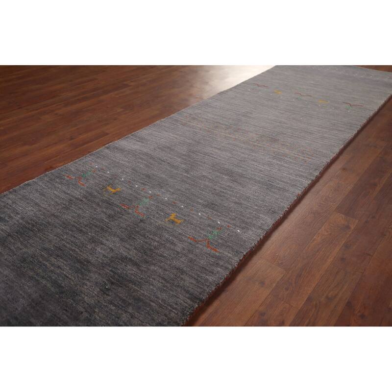 Dark Gray Striped Gabbeh Oriental Runner Rug Hand-Knotted Wool Carpet - 2'9"x 9'6"