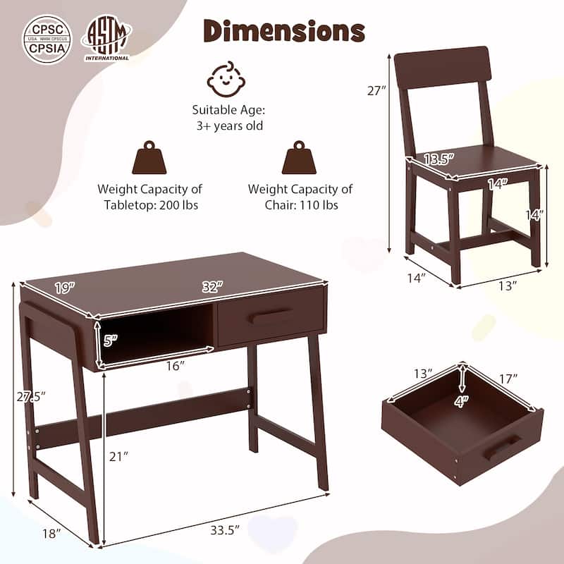 Kids Study Table and Chair Set with Storage Drawer and Hutch and Pine Wood Frame for 3 Over Years Old - 33.5" x 19" x 27.5"