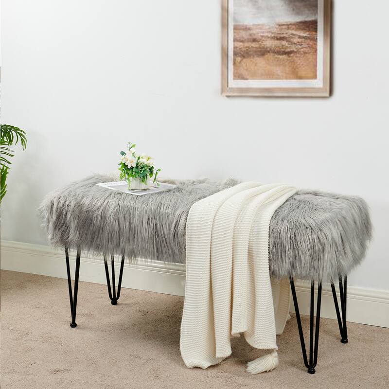 Home Soft Things Mongolian Fauxfur Ottoman 46"x16"x22" with Table Legs - 46" x 16" x 22" - GREY