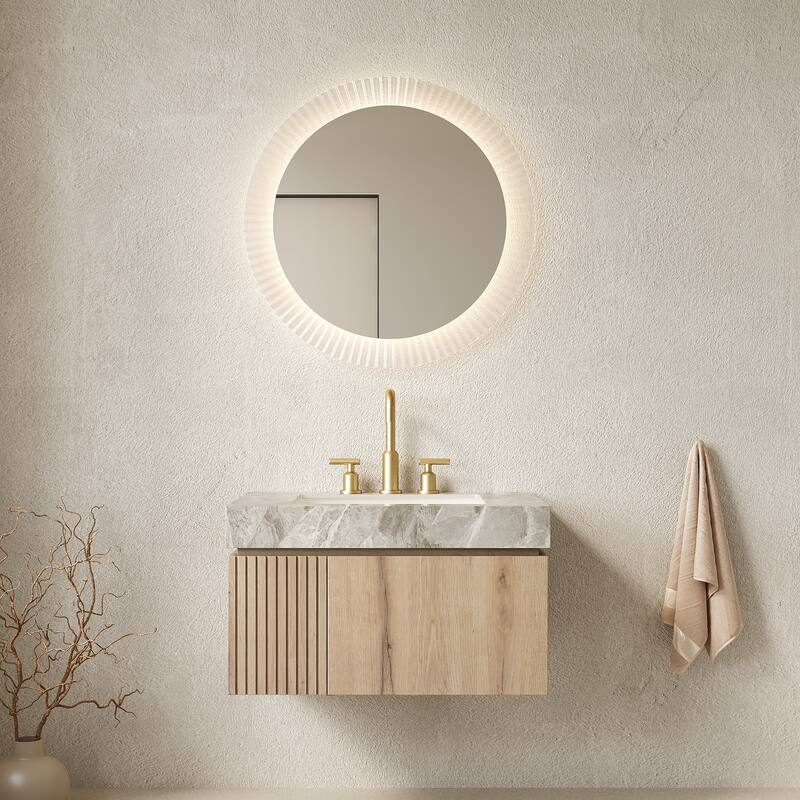 Floating Bathroom Vanity with Sintered Stone Top & Undermount Ceramic Basin with Three Pre-drilled Faucet Holes - 29.92'' x 18.9'' x 17.72'' - White Oak and Light Gray
