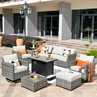 HOOOWOOO 10-piece Rattan Wicker Sectional Sofa Patio Furniture Set with Fire Pit Table