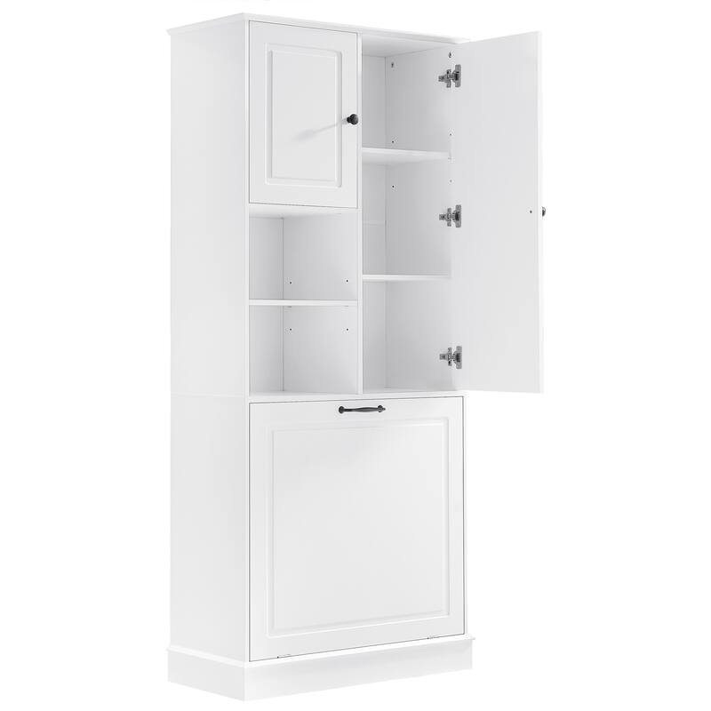 Tall Storage Cabinet with Adjustable Shelves, Large Flip-Out Basket & Enclosed Cabinets