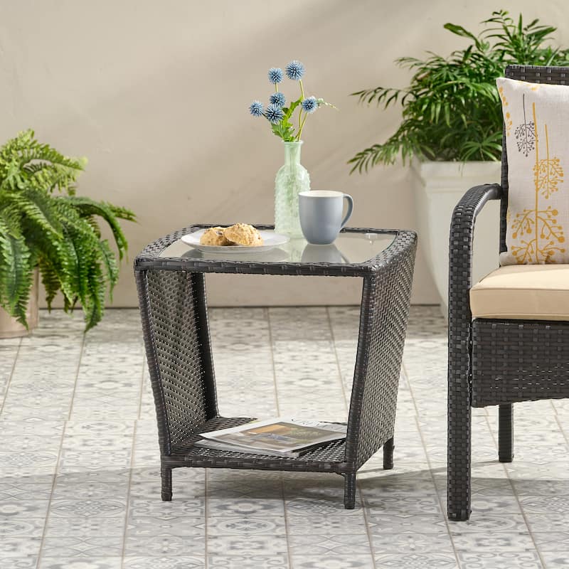 Weston Outdoor Wicker Side Table with Glass Top by Christopher Knight Home - Multi-Brown