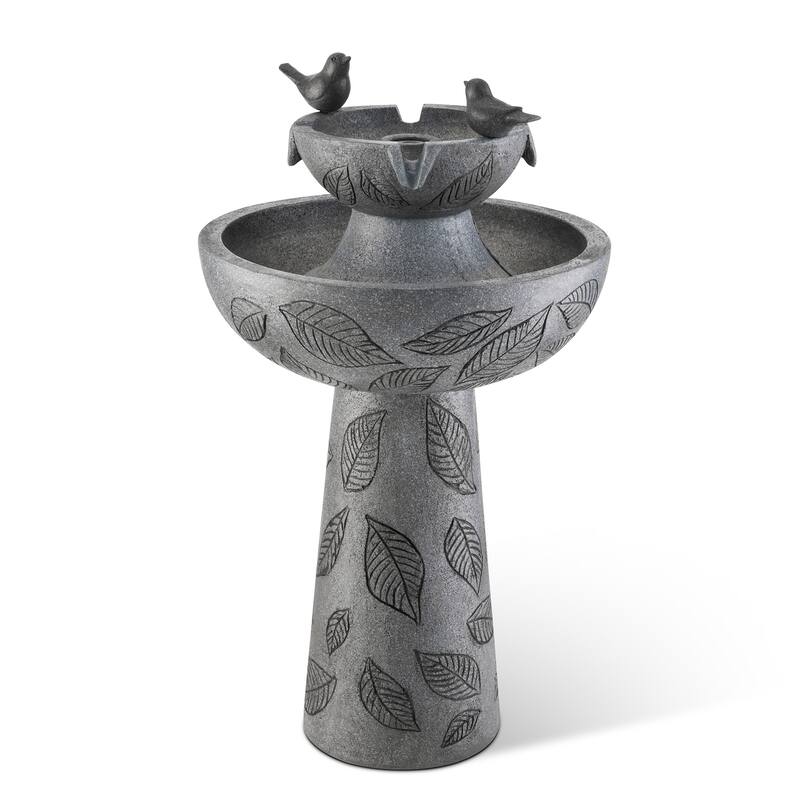 Glitzhome Birdbath Polyresin Outdoor Fountain with Birds, Pump and LED Light