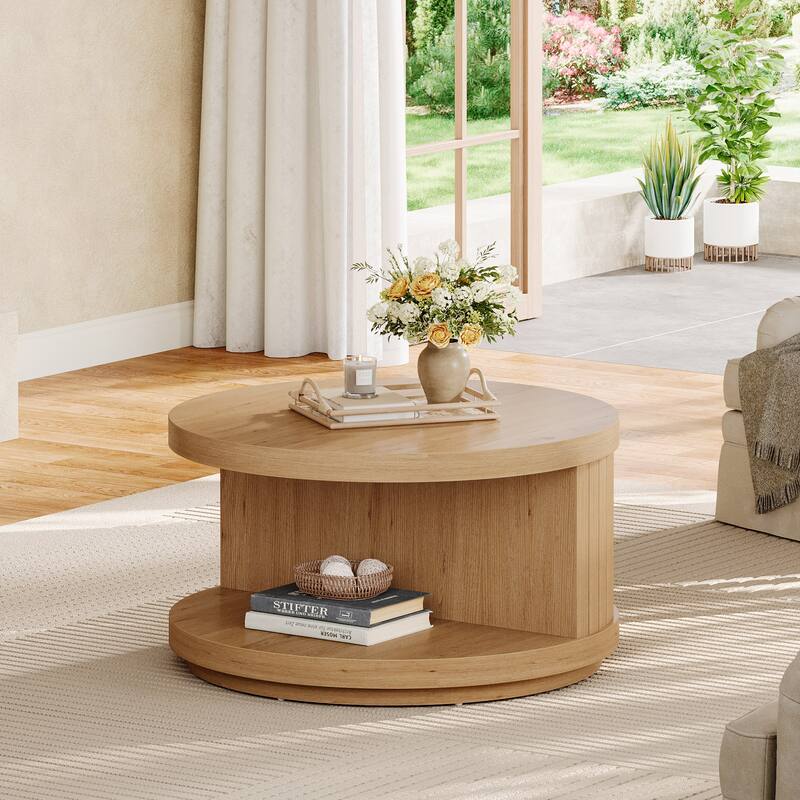 Industrial Round Coffee Table Circle Center Table with Storage Shelves - Natural