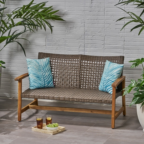Hampton Outdoor Wood and Wicker Loveseat by Christopher Knight Home. Opens flyout.