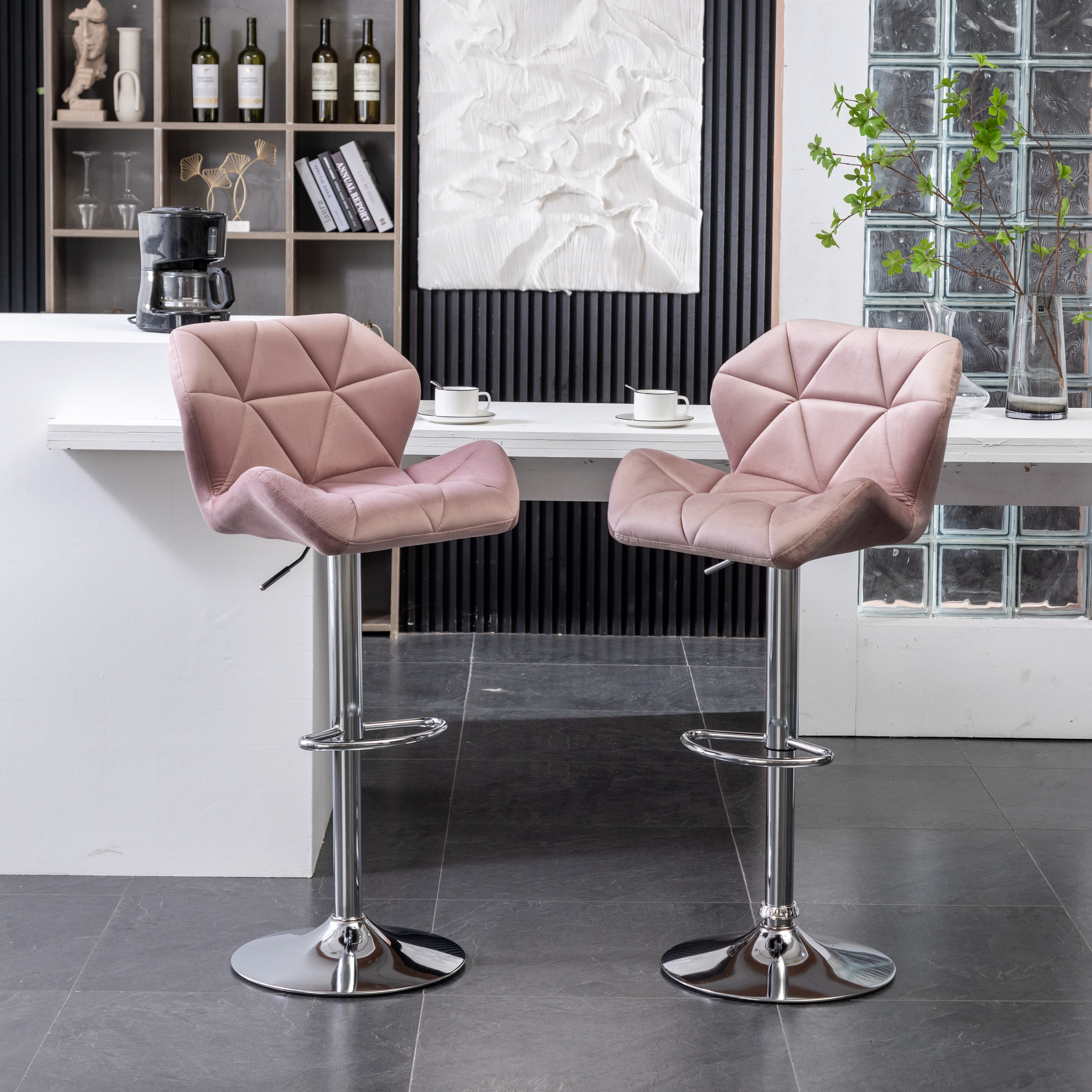 Roundhill Furniture Breni Velvet Diamond Tufted Swivel Adjustable Height Barstool, Set of 2