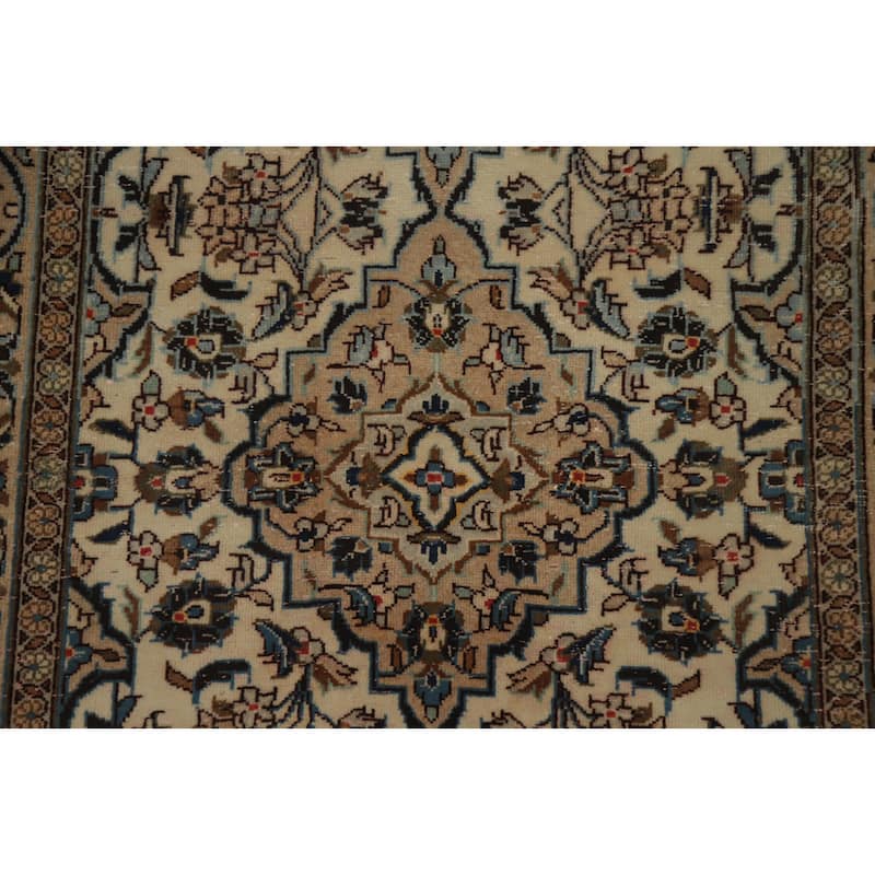 Hand Knotted Oriental 100% Wool Carpet Traditional Floral Beige & Ivories Kashan Runner Rug - 12' 8'' X 3' 3''