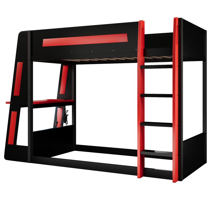 Roomfitters Twin/Full Over Twin Wooden Gaming Bunk Bed with Desk and LED Lights