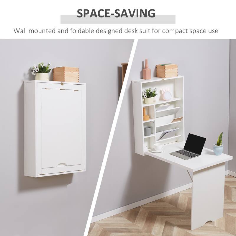 Space-Saving Fold-Out Wall Desk with Multiple Storage Compartments and Adjustable Shelves for Compact Spaces