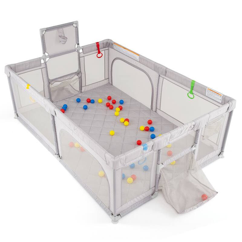 Light Grey Kids Play Yard with Soft Foam Base and 50 Ocean Balls Basketball Hoop and Soccer Nets - 81" x 57" x 27" (L x W x H)