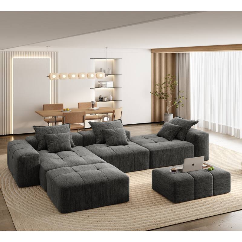Modern Oversized Chenille Modular Sectional Sofa Tufted Sofa with 6 Pillows and Ottoman for Living Room - Black