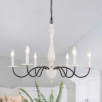 6-Light French Country Wood Chandelier Farmhouse Candle Style Hanging Lights - N/A