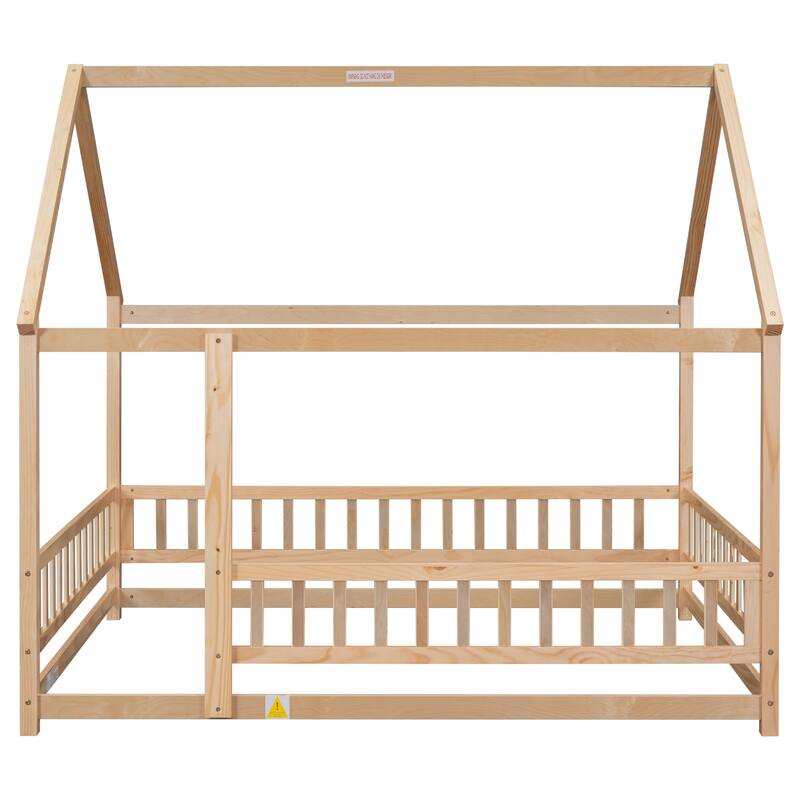 Full Size Floor Wooden Bed with House Roof Frame