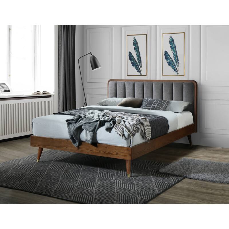 Queen Size Platform Wooden Bed with Upholstered Headboard and Gold-Tone Legs - Grey