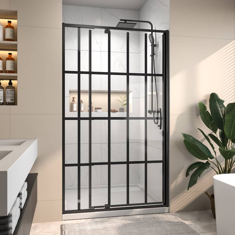 Modland 38-42"x71'' Adjustable Pivot Shower Door - Auto-Lift Hinge, Magnetic Seal, 5 Finishes for Uneven Walls - 42''x 71'' - Grid-Matte Black