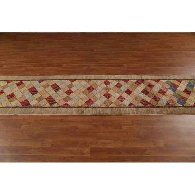 Hand Knotted Oriental 100% Wool Carpet Tribal Geometric Brown Gabbeh (kashkoli) Runner Rug - 10' 9'' X 2' 8''