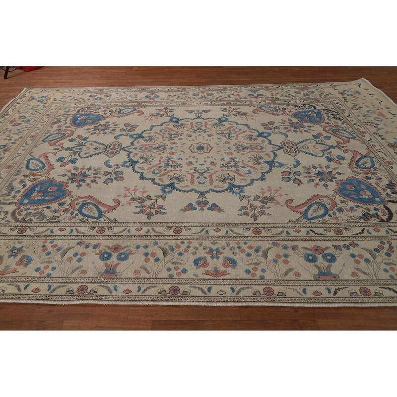 Floral Tabriz Persian Area Rug Traditional Beige Handmade Wool Carpet - 8'1"x 10'11"