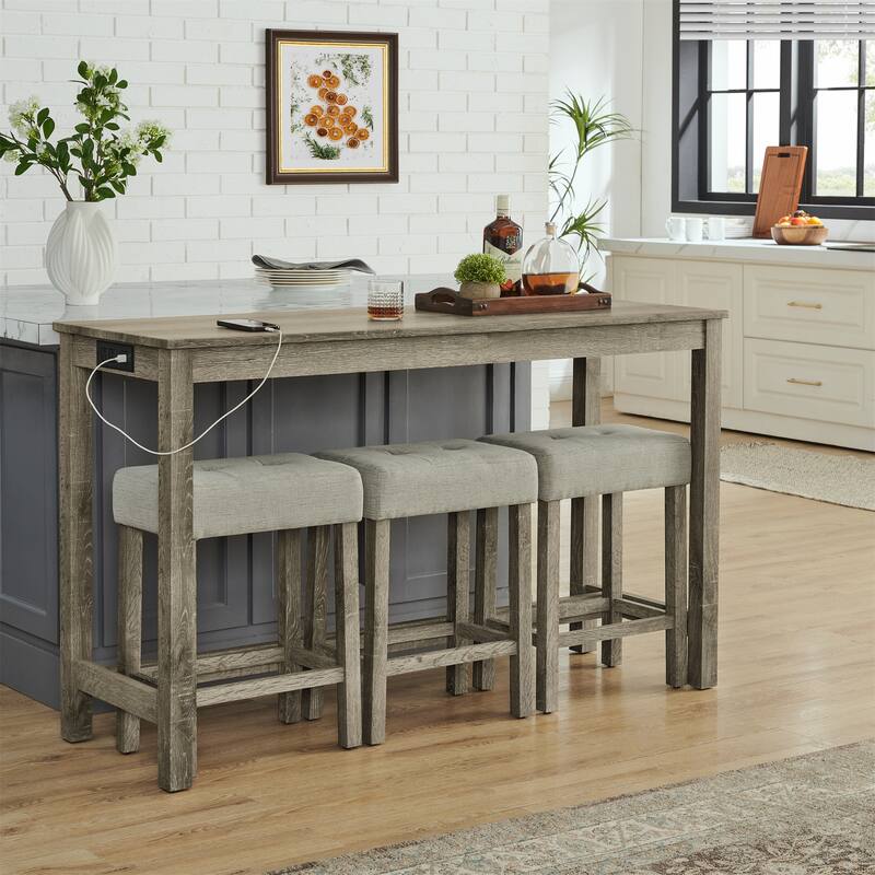 59" Counter Height Bar Table Set with Power Outlet, Industrial Breakfast Table with 3 Stools, 4 Piece Bar Table and Chairs Set