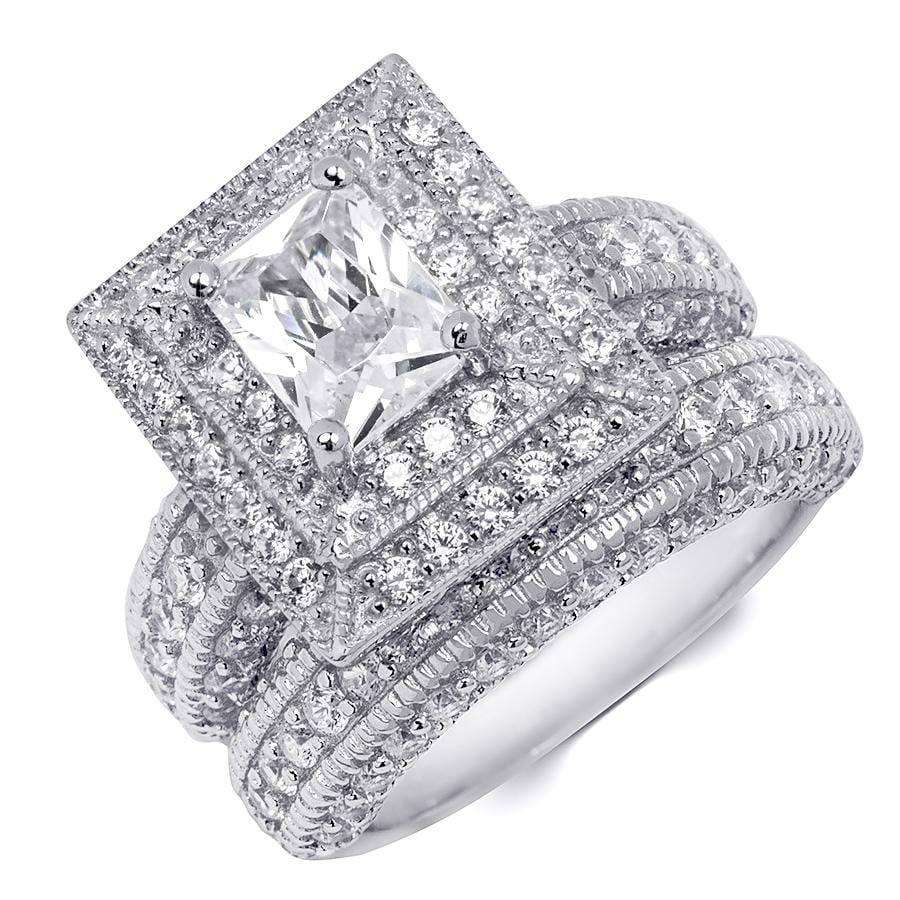 MayaMila Emerald Cut White 2.5ct Wedding Band Bridal Ring Set Sterling Silver