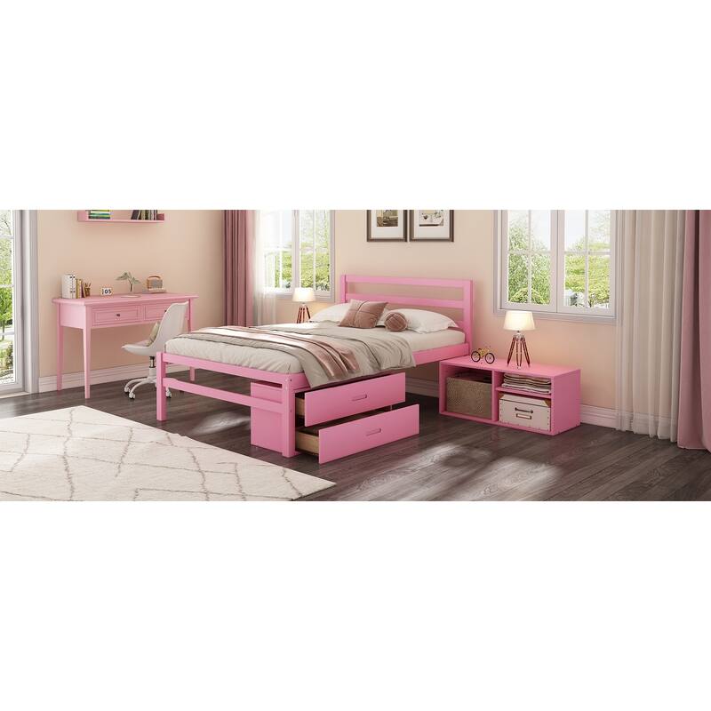 Full Size Wood Platform Bed with Removable Storage Shelves and Built-in Two Storage Drawers