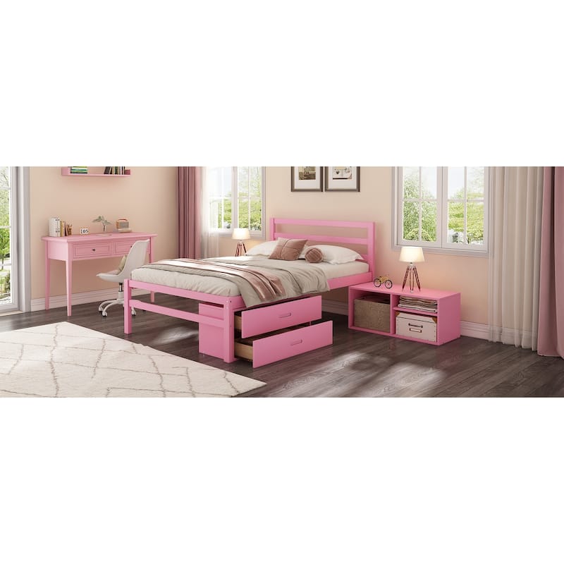 Full Size Wood Platform Bed with Removable Storage Shelves