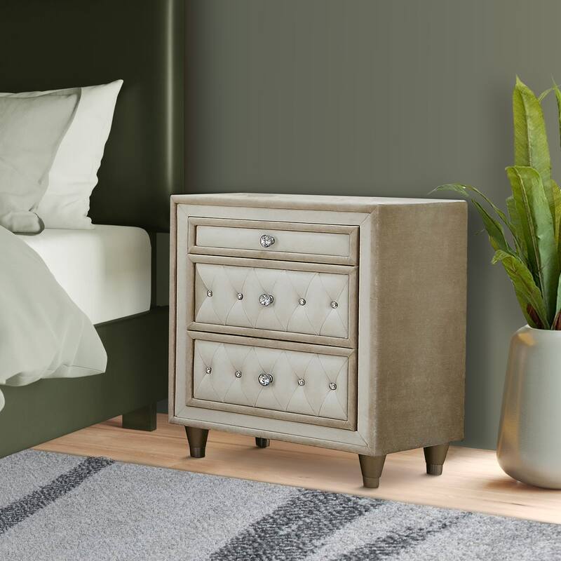 Matt 30 Inch Modern Nightstand, 3 Drawers, Velvet Tufted, Ivory Light Brown