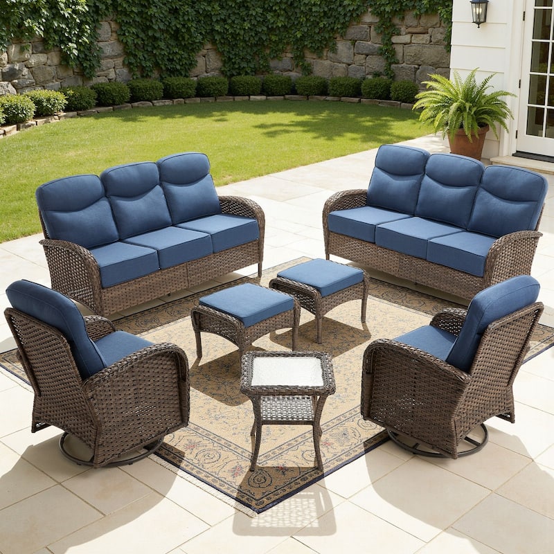 Luna 7-Piece Wicker Patio Conversation Set with Swivel Gliders and 6-Inch Thick Olefin Cushions - Navy Blue Cushions - Brown Wicker