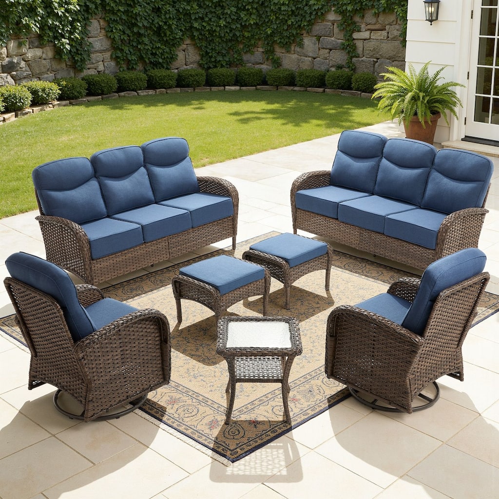 Luna 7-Piece Wicker Patio Conversation Set with Swivel Gliders and 6-Inch Thick Olefin Cushions