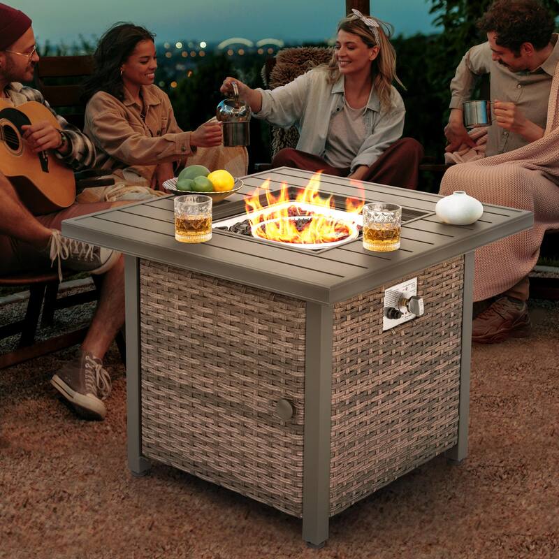 Outdoor 30’’ Square Rattan Fire Pit Table with Metal Lid, Brown