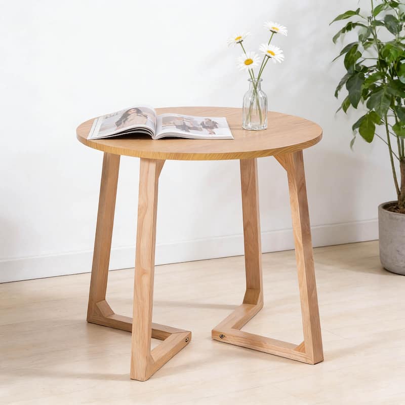 24" Round End Table, Mid Century Modern Solid Wood Sofa Side Table with V-Shaped Legs, Small Coffee Table for Small Space