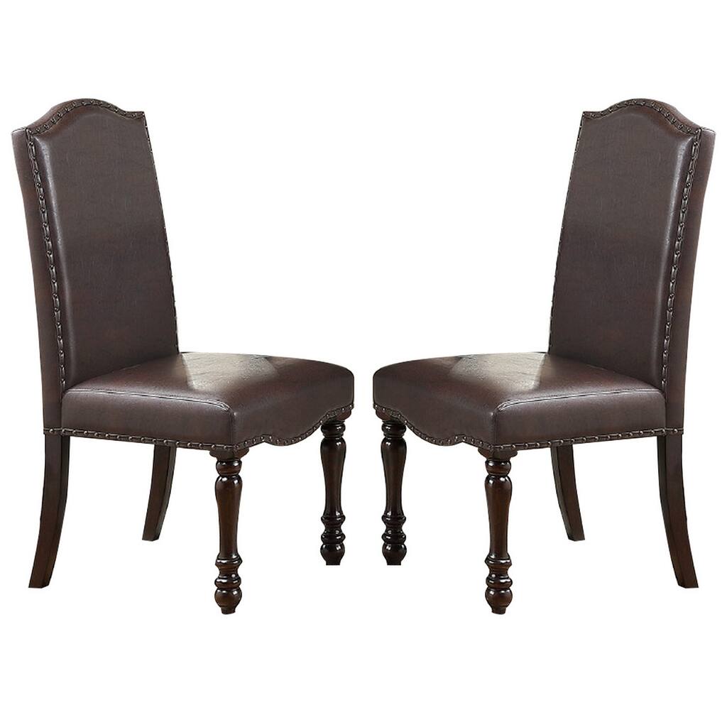 Nailhead Trim Faux Leather Dining Chair with Turned Legs, Set of 2, Brown