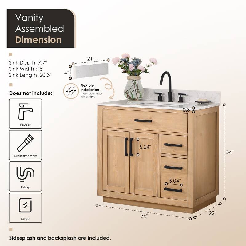 Altair Gavino Bath Vanity with Grain White Composite Stone Top, no Mirror