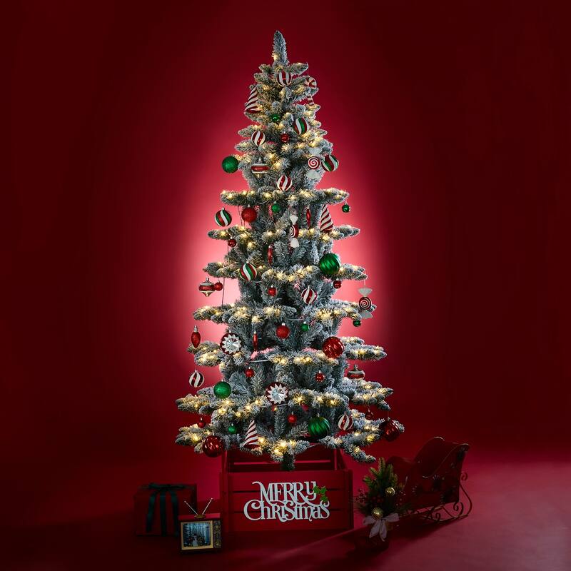 Glitzhome 6FT/7.5FT/9FT Warm White or Multi-Colored Pre-Lit Flocked Pine Artificial Christmas Tree