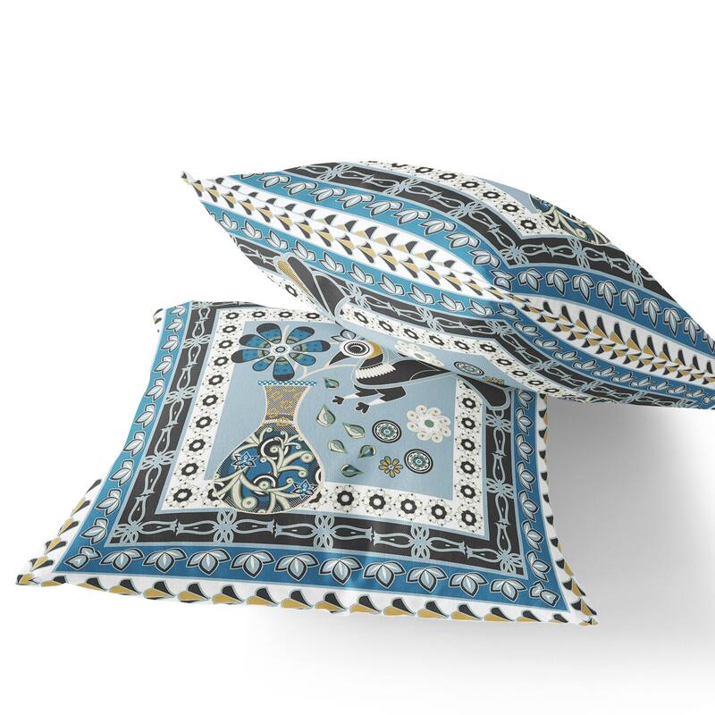 HomeRoots Set of Two 16" X 16" Blue and Black Peacock Blown Seam Floral Indoor Outdoor Throw Pillow - 16.00' X '16.00' X '5.00
