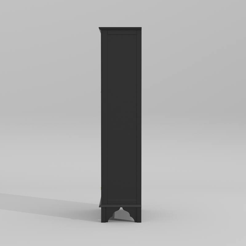 Boho Wood & MDF Display Cabinet with Tempered Glass Doors, Carved Arch Frame & Metal Handle Drawer