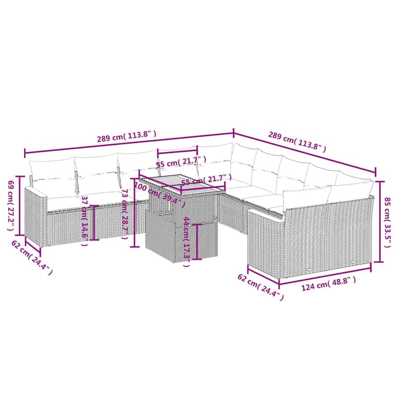 vidaXL Patio Sofa Set with Cushions Outdoor Furniture 11 Piece Poly Rattan - 24.4 x 24.4 x 27.2
