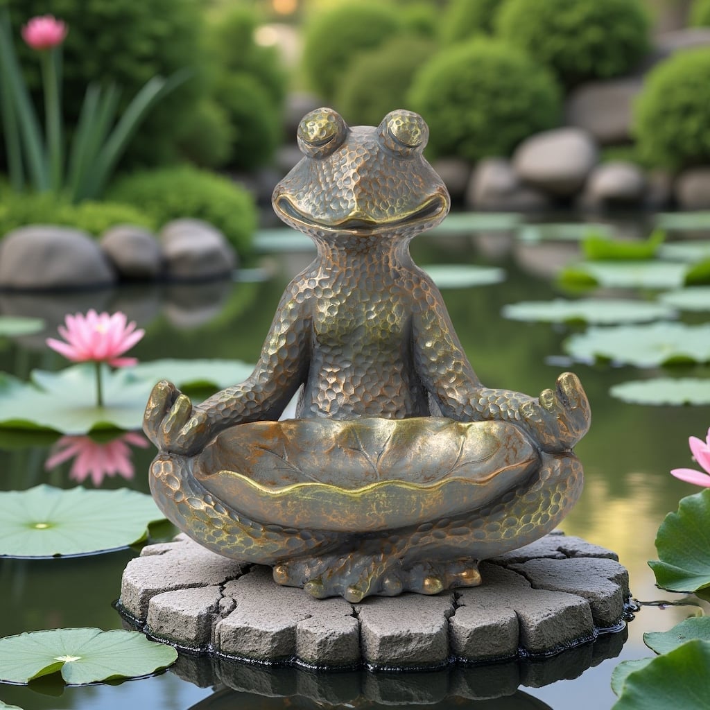 Glitzhome MGO Lucky Stacked Frogs Garden Statues with "Welcome" Sign Zen-style Sculpture