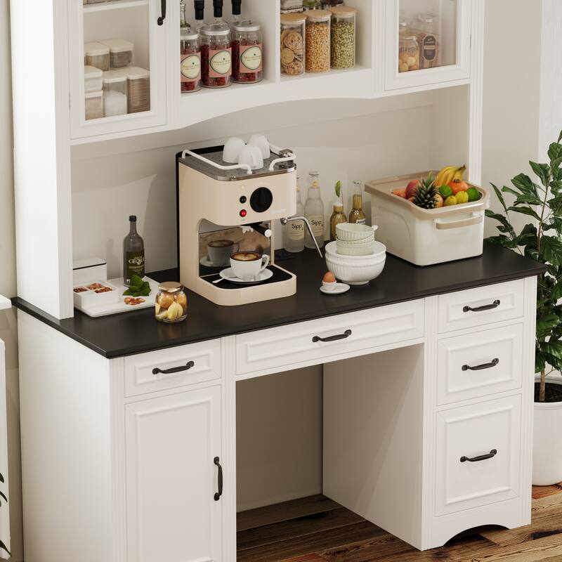 Coffee Bar Cabinet and Work Desk with Hutch,Pantry Storage Cabinet with Outlets