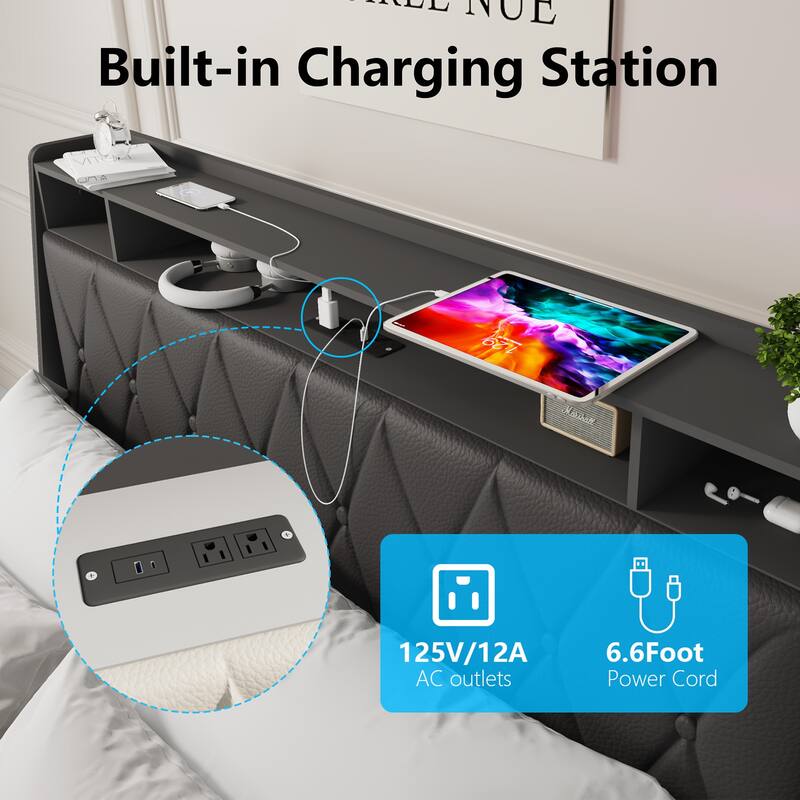 3-Pieces Bedroom Sets,Metal Bed Frame with Outlets, Charger, 4 drawers and Two Nightstands with Charging Station and LED Lights