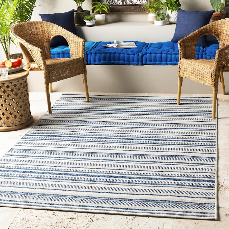Livabliss Eagean Bohemian Stripe Outdoor Area Rug - Navy - 4'3" x 5'11"