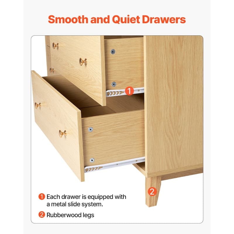 Light Wood Particleboard MDF Rubberwood Dresser 6 Drawers Modern Metal Handles